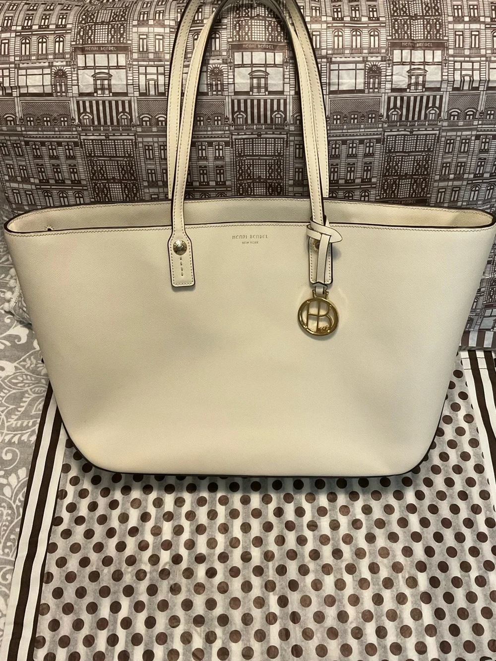 Cream Henri Bendel Zippered Tote with Gold-tone Hardware